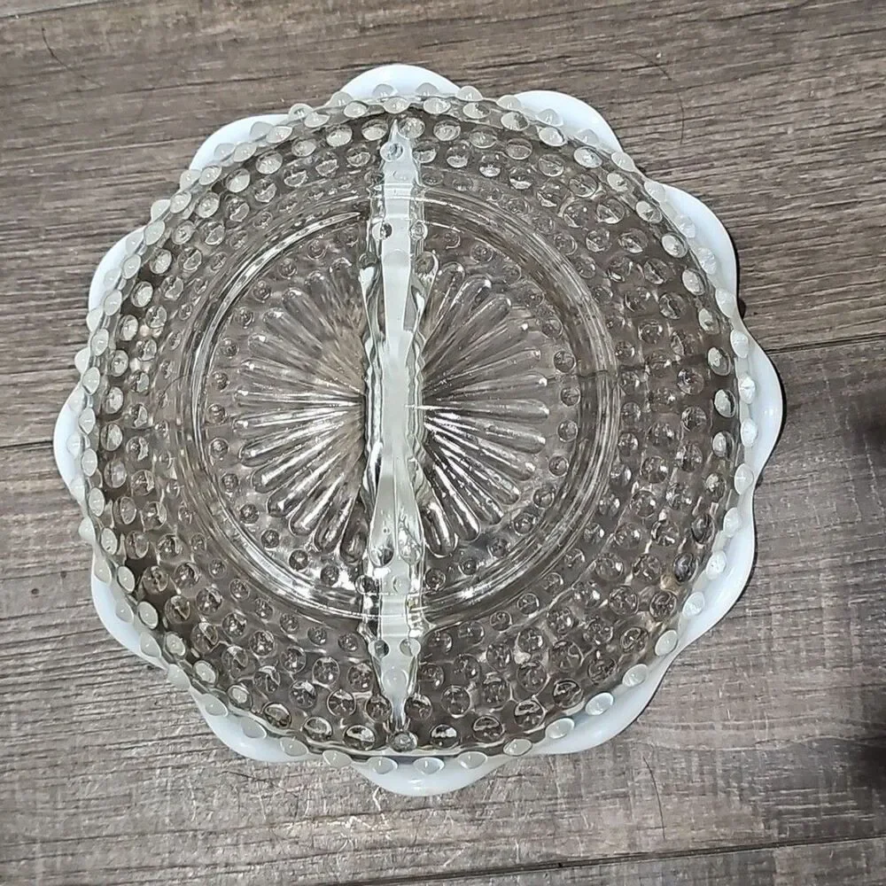 Vtg Anchor Hocking Hobnail French White Opalescent Moonstone Divided Dish Candy